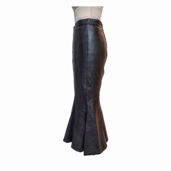 VINTAGE Leather Black Trumpet Skirt Size 6/8 Fishtail Pencil Gothic Retro Rocker - Picture 3 of 8